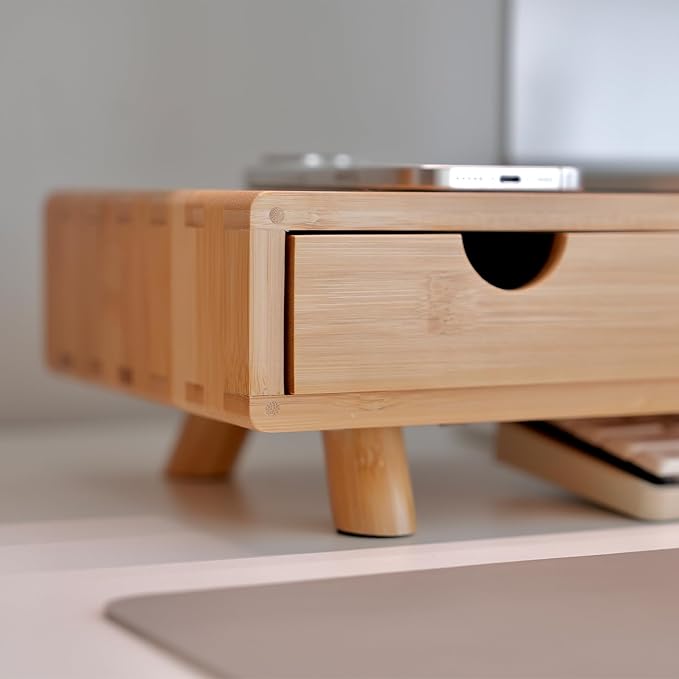 Bamboo Monitor Stand Riser with Drawer, Ergonomic Computer Riser for Desk with Cable Management & Storage Organizer, Wood Monitor Stand for Home Office