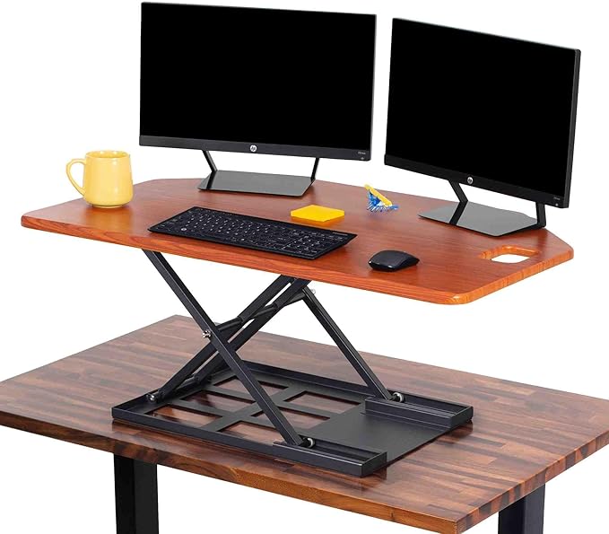 X-Elite Pro 40" Corner Standing Desk Converter with Pneumatic Lift | Adjustable Sit to Stand Riser, L-Shaped Desks & Cubicles | Fully Assembled Computer Workstation (Cherry)