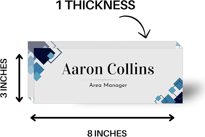 Customized Clear Acrylic Thick 8x3" Desk Name Plate Block with Personalized Logo - Professional Office Decor - Customized Acrylic Plate Gift for Teacher Co-workers, Christmas Gifts for Her, Thanksgiving Gifts (Elegant Squares)