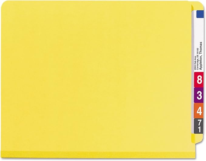 Smead 100% Recycled End Tab Pressboard Classification File Folder with SafeSHIELD Fasteners, 2 Dividers, 2" Expansion, Letter Size, Yellow, 10 per Box (26789)