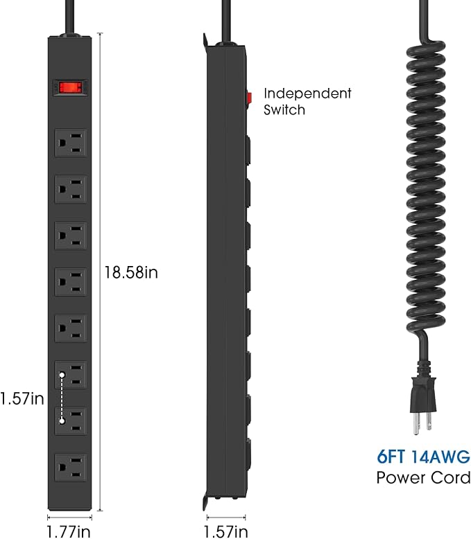 HHSOET 8 Outlet Metal Wall Mount Power Strip, Surge Protector Long Power Strip with Switch, Heavy Duty Wide Spaced Surge Protector, 6 FT SJT 14AWG Black Spring Cord.