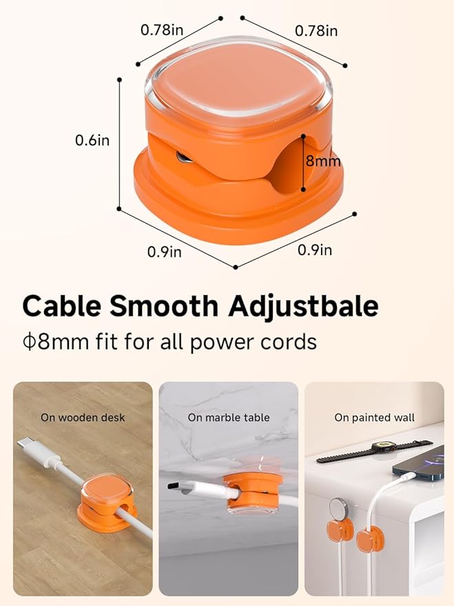 Magnetic Cable Clips, Adjustable Cord Holder Management, Adhesive Wire Keeper Organizer for Home Office Desk Phone PC Car Wall Desktop Nightstand Appliance (9-PCS Orange)