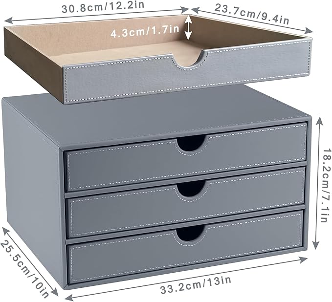 PU Leather Desk Organizer with 3 Drawers,Executive Office Supplies Desktop Filing A4 File Cabinet/Holder for Jewelry/Bill/Paper/Documents/Makeup Home Decor Stationery Storage Box,Grey