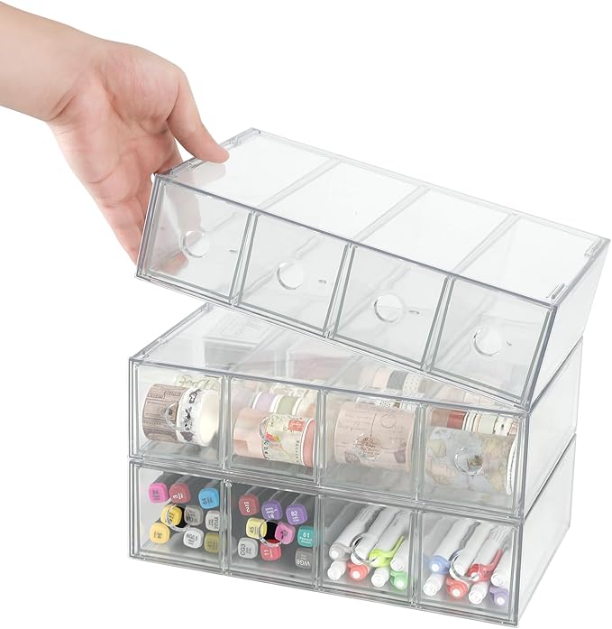 3-Pack Stackable Acrylic Storage Drawers, Desk Organizer Transparent Cosmetic Storage Boxes, 4 Compartment Design Suitable for Stationery, Dressing Table, Sunglasses, Jewelry Storage Organization