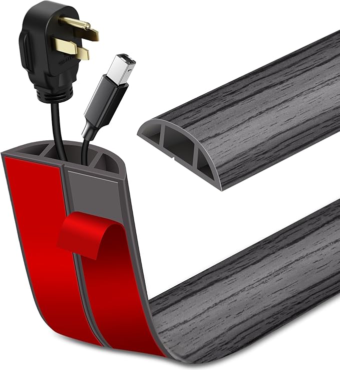 Floor Cord Cover Self Adhesive Cord Hider Floor Extension Cord Covers for Floor Power Cord Protector Cable Management Prevent Cable Trips Cable Cavity 0.47" W x 0.27" H (Deep Grey Wood, 3.3Ft)