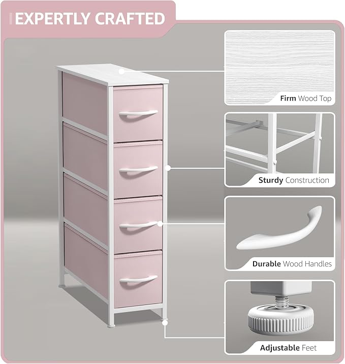 Sorbus Kids Narrow Dresser with 4 Drawers - Vertical Slim Storage Chest of Drawers with Steel Frame, Wood Top & Easy Pull Fabric Bins for Small Spaces, Closets, Bedroom, Bathroom & Laundry
