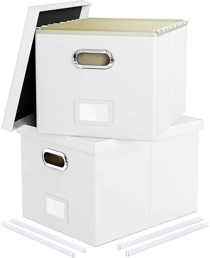2 Pack File Storage Organizer, Portable File Box with Lid, Fit for Letter/Legal File Folder Storage, White (Leather) - Box only