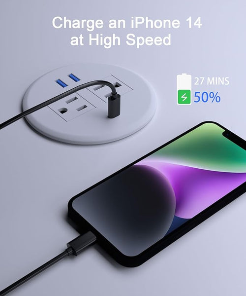 2 Pack Recessed Power Grommet 3 Inch,20W Fast Charging USB C.Fadossu Desktop Flush-Mount Power Grommet Outlet with 2-AC Outlet,3-USB Port,Fit 3-1/8" Round Desk Grommet Hole,6.56FT Cord,White