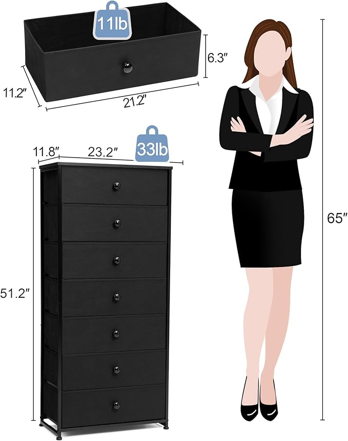 Crestlive Products Tall Dresser, 7-Drawer Wide Fabirc Storage Tower, Chests of Drawers - Vertical Organizer Unit for Bedroom, Hallway, Entryway, Nursery, Wood Top, Closets with Handles (Black)