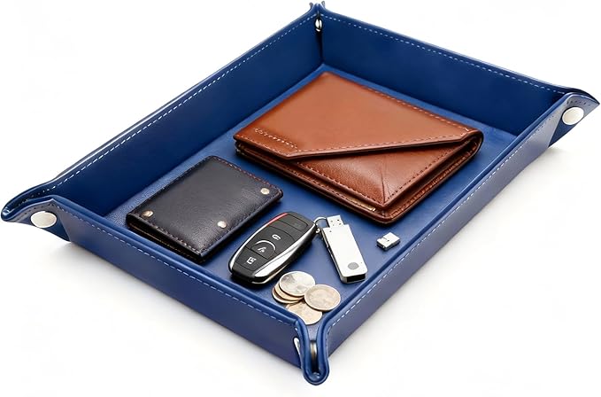 Leather Valet Tray Catchall Organizer, Navy Blue Desktop Storage for Keys, Coins, Wallet, Phone, Jewelry | Multi-Use Entryway Table, Desk & Nightstand Storage for Men & Women (Blue)