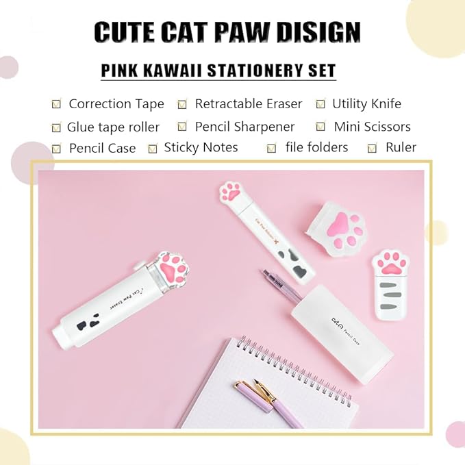 PANDENNER Cute School Supplies, Cute Stationary,Birthday Party Favors Set,Including Pencil Sharpener,Eraser, Correction Tape, Ruler, Mini Scissors,Utility Knife, for Cute School Supplies