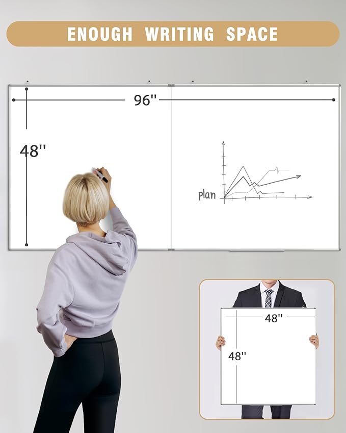 96"X 48" Large Magnetic Dry Erase Whiteboard, Removable Wall Hanging Board with 4 Pens & 1 Dry Erasers & 6 Magnets, Sliver Aluminum Frame White