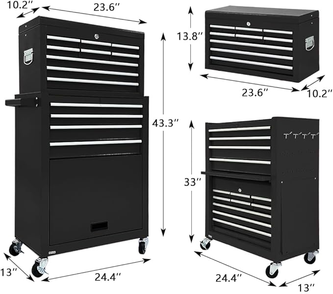 13-Drawer Tool Chest with Tool box and wheels, Large Detachable Tool box with Sliding Drawers, Mechanic Storage Cabinets, Metal Tool Cart for Garage Workshop (BLACK)