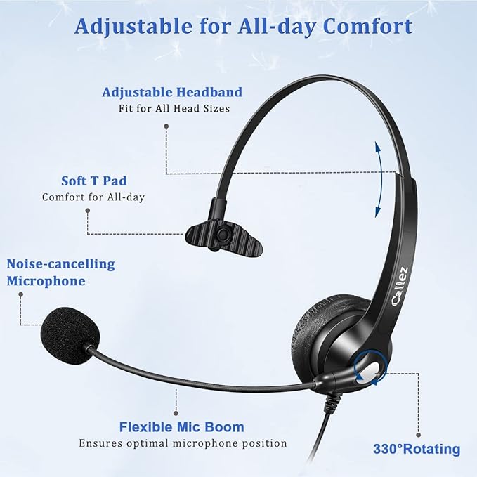 Callez USB Headset with Noise Cancelling Mic & Mute Controls, Mono Computer Headphones for Laptop PC Skype Zoom Webinar Business Call Center Home Office, Clear Chat, Super Lightweight (C500U3)