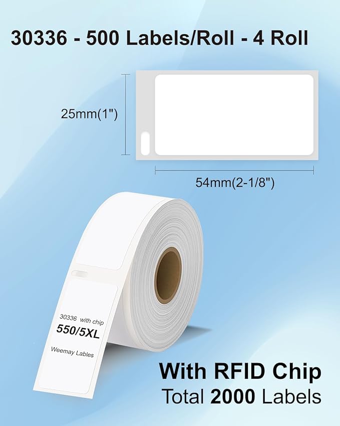 Weemay 30336 FNSKU Barcode Labels, Compatible for DYMO LabelWriter 5XL 550 550 Turbo 4XL 450 Wireless 450 Duo, 1" x 2-1/8", 25mm x 54mm Label with RFID Chip, for Barcodes, 4 Rolls, 2000 Labels