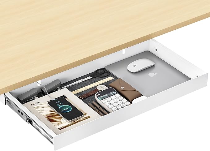 Under Desk Drawer,20.1 inch Carbon Steel Slide-Out Under Table Storage Organizer With Full Extension Ball-Bearing Slides,Undermount Drawer For Standing Desk & Home Office,White