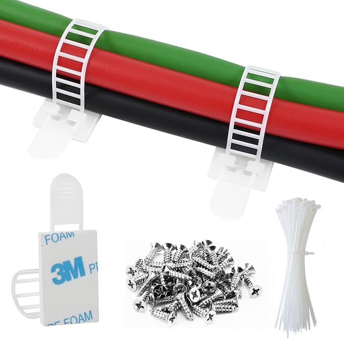 100Pcs Adhesive Cable Management Clips with 50Pcs Zip Ties, Adjustable Nylon Cable Strap Ties Wire Clips Clamps Organizer, Extra Screw & Hole - 3.55 Inch White