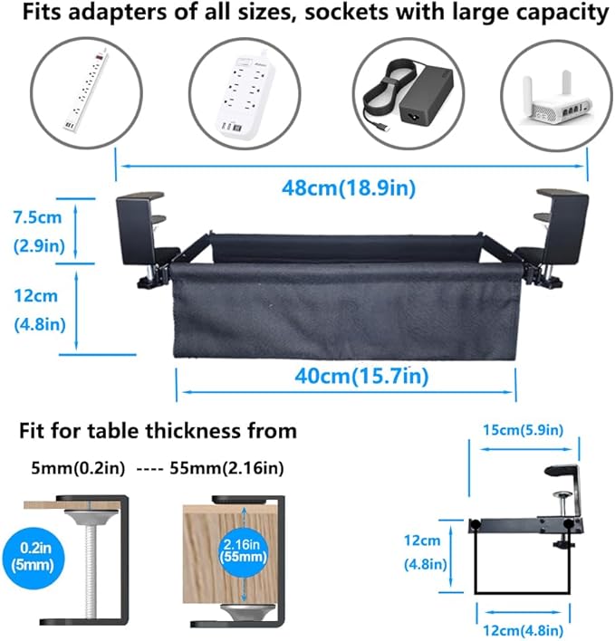 Under Desk Cable Management Tray, 15.7" Cord Organizer for Desk, No Drill,Clamp Mount Fabric Cable Management Tray for Office, Home(Black)