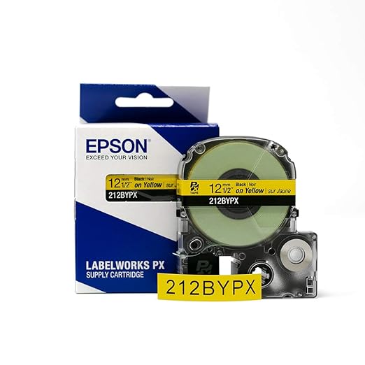Epson LABELWORKS 212BYPX Genuine PET (Polyester) Tape Cartridge - Black on Yellow Industrial Label Maker Tape - 1/2" (12MM) Wide, 30 ft