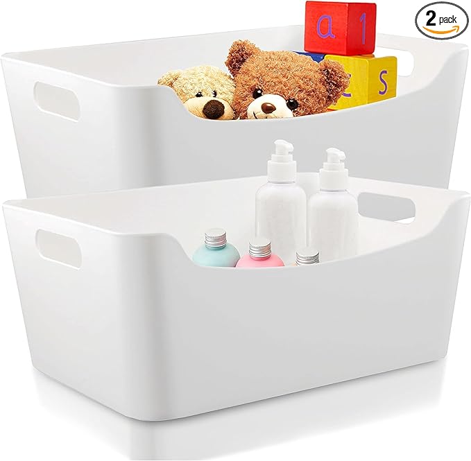 XL - 2 Pack White Plastic Storage Bins for Shelves, Closet Kitchen Storage Containers for Pantry Bathroom Office Organization Baskets, Cabinet Organizing Containers, White Organizer Bins for Shelves
