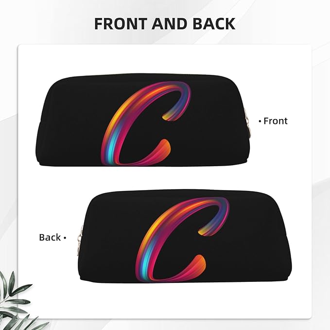 Cute Initial Pencil Case for Kids Simple Leather Pencil Pouch for Boys Girls Letter Design Pencil Box Pen Bag Pencil Pouch Office Stationery Organizer, Rainbow Letter C