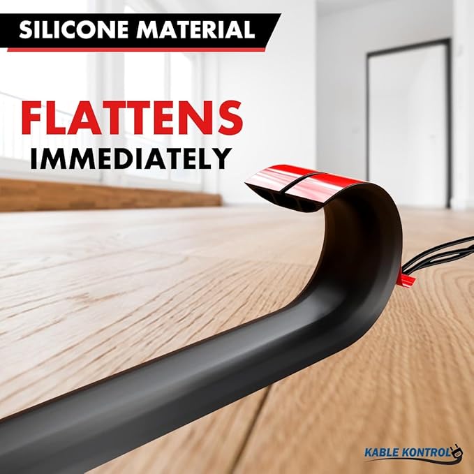 Kable Kontrol Silicone Floor Cord Cover - 5 Ft Flexible Cord Protector, Self Adhesive, for Concealing Extension Cable, Protecting Wires, Prevents Trips – 2.5in W X 0.5in H - 1 Pc - Black