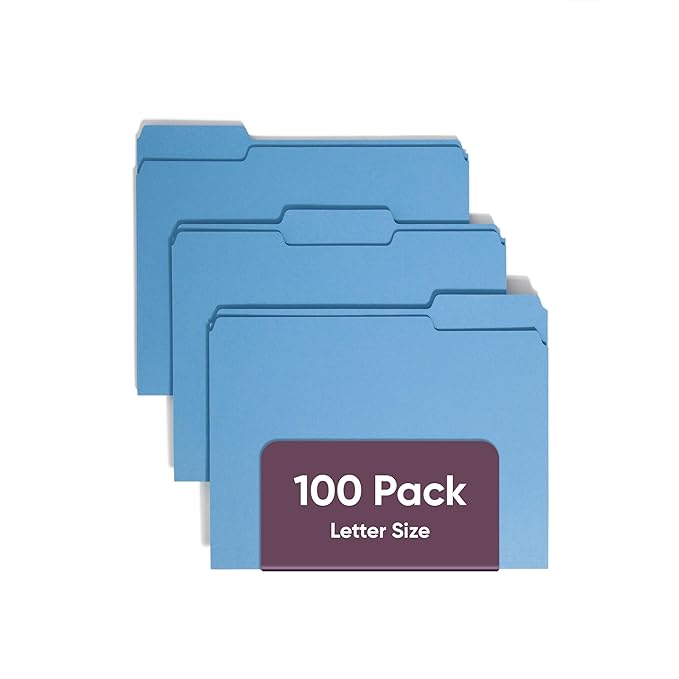 Smead Blue File Folders for Documents, with 1/3-Cut Tabs, Letter Size, Blue, 100 Pack for Easy Organization and Office Use (12043)