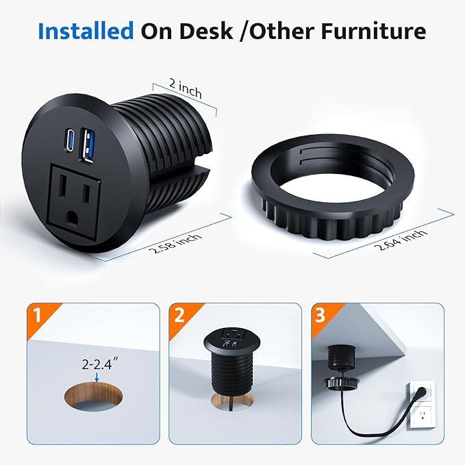 Recessed Power Grommet with 20W USB C Fast Charging, 2 inch Conference Recessed Outlet,Flush Mount for Desk,Office Tables,Furniture,6FT Cord, 45° Thin Flat Plug (Black, Grommet Outlet)