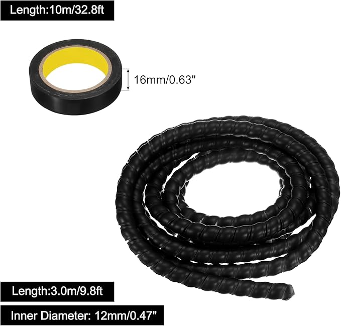 MECCANIXITY Spiral Cable Wrap 9.8ft/3.0M 12mm Cable Management Sleeve PP Insulation Cord Organizer for Computer Wire Power Cable Gas Pipe Black with Tape