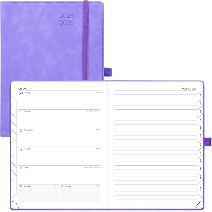 POPRUN Weekly Planner 2025-2026 (Medium 6.5''x 8.5'') Academic Calendar (JUL.25 - JUN.26) Appointment Book with Monthly Tabs, Leather Soft Cover, Inner Pocket, 100 GSM - Lilac