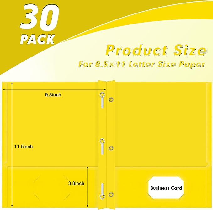 Two Pocket Folders, PANDRI 30 Pack Two Pocket Folders with Prongs, 3 Prong Folders Designed for Office and Classroom, Letter Size Yellow