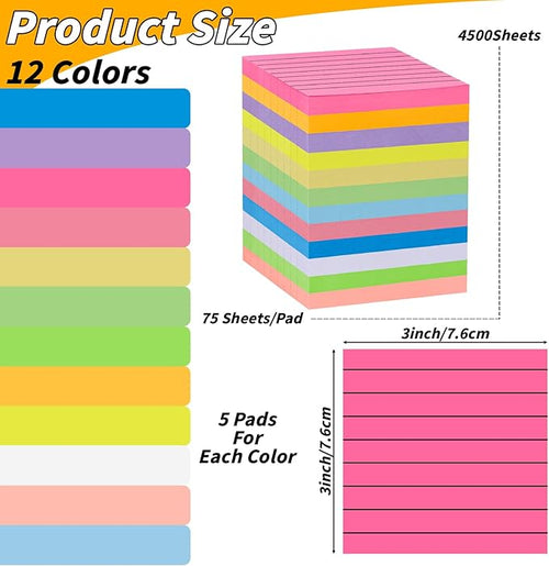 60 PCS Lined Sticky Notes 3x3In Colorful Sticky Notes 75 Sheets/Pad 12 Colors,Bright Ruled Post Stickies Multicolor Memo Note Pads for Teacher Student School Office Meeting Blank Desk Pads,4500 Sheets