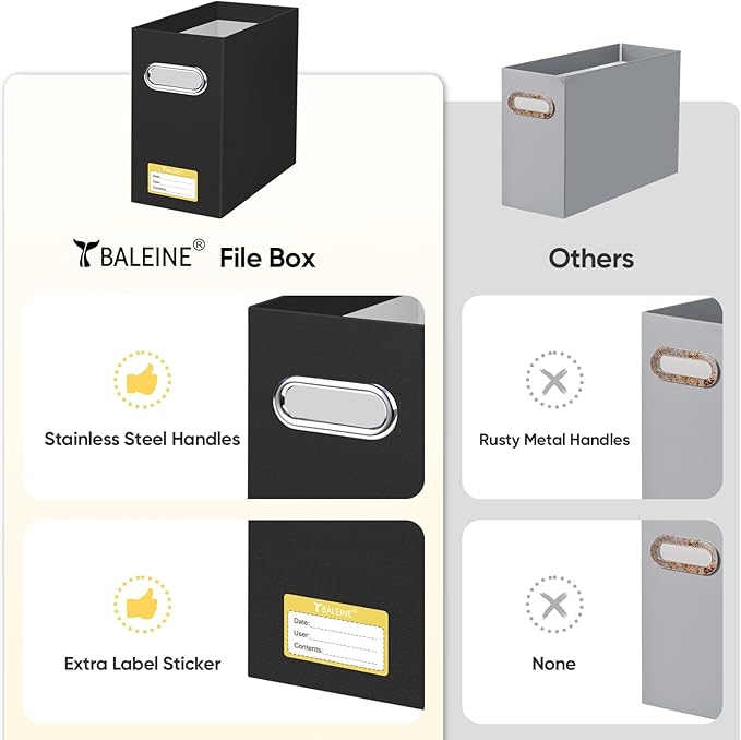 BALEINE File Organizer Box, Cardboard File Folder Organizer with Handle for Letter Size, Portable Collapsible Hanging Filing Box for Home Office Document Storage (4 Pack, Black)