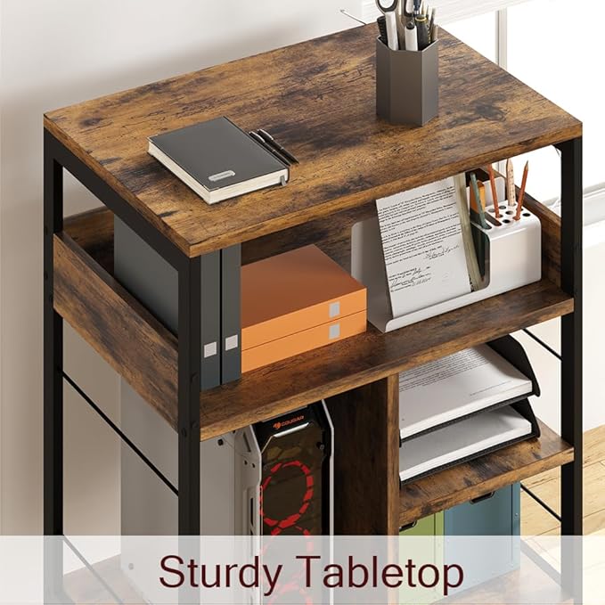 GarveeLife Printer Stand with Power Outlets, 4-Tier Rolling Printer Table with Lockable Wheels, Heavy Duty Printer Cart with Storage, Utility Storage Cart for Home, Office, Brown