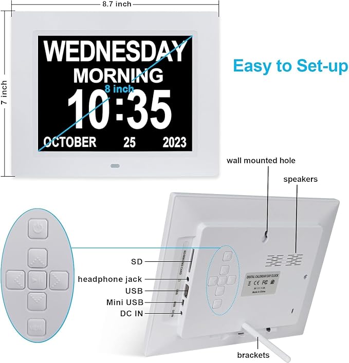 8 Inch Extra Large Calendar Day Date Time Clock with Non-Abbreviated Day Month Dementia Clocks Perfect for Senior Elderly Impaired Vision Memory Loss