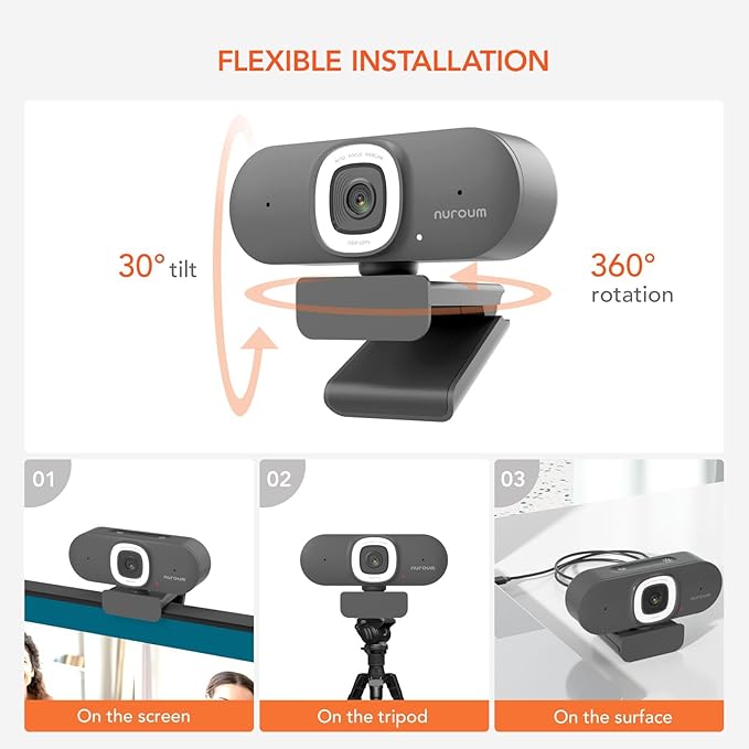 NUROUM V15AFL 2K Webcam with Ring Light for Streaming, Autofocus Webcam for PC w/Noise Cancelling Dual Mics, 1080P 60fps, 75° FOV&Lightweight, USB Web Camera Plug&Play for Zoom/Teams/OBS/Xsplit, Grey