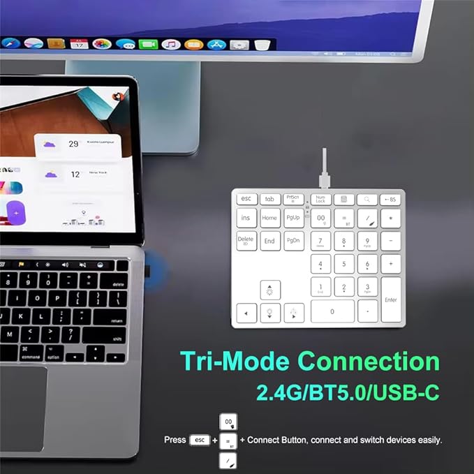 Tri-Mode Aluminum Numpad 7-Color Backlit Bluetooth 5.0/Wired USB-C/2.4G Wireless Number Pad Slim 35-Key Rechargeable Numeric Keypad External Keyboard Num Pad for Laptop, Mac - Silver White
