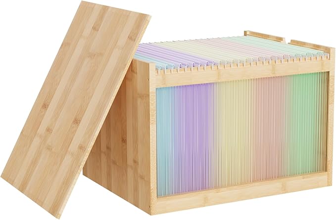 Natural Bamboo & Acrylic File Box with Removable Lid, Modern File Organizer Box for Letter/Legal Files, Hanging File Box with Easy Assembly & Dustproof Storage for Home Office