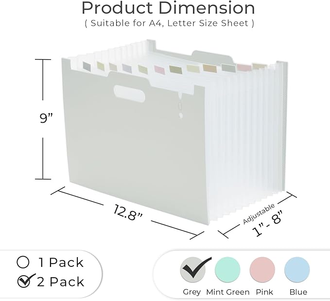 Y YOMA 2 Pack Accordion File Organizer with Handle 12 Pockets Expanding File Folder with Removable Tabs for A4 Letter Size Paper Portable Plastic Filing Organizer Document Bill Receipt Holder, Grey