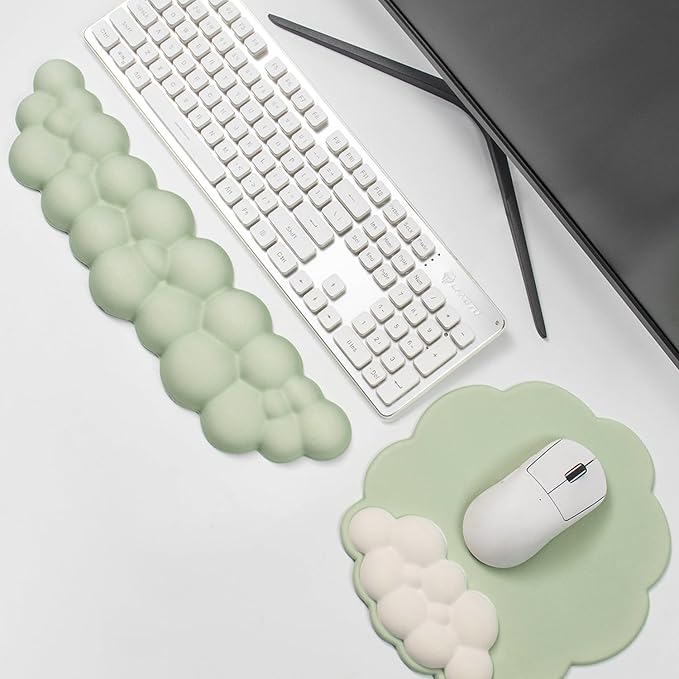 Ergonomic Mouse Pad and Keyboard Wrist Rest - Green Cloud Wrist Rest Keyboard with Mouse Wrist Pad Sets, Soft Memory Foam Wrist Support for Laptop, Mac, Office, Work, Gaming