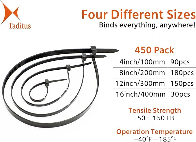 Zip Ties Heavy Duty Assorted Size, 4+8+12+16 Inch, 150 LBS Tensile Strength, 450 Pieces Pack, Self-Locking and Durable, for Indoor Outdoor Use, Black Nylon Cable Zip Ties
