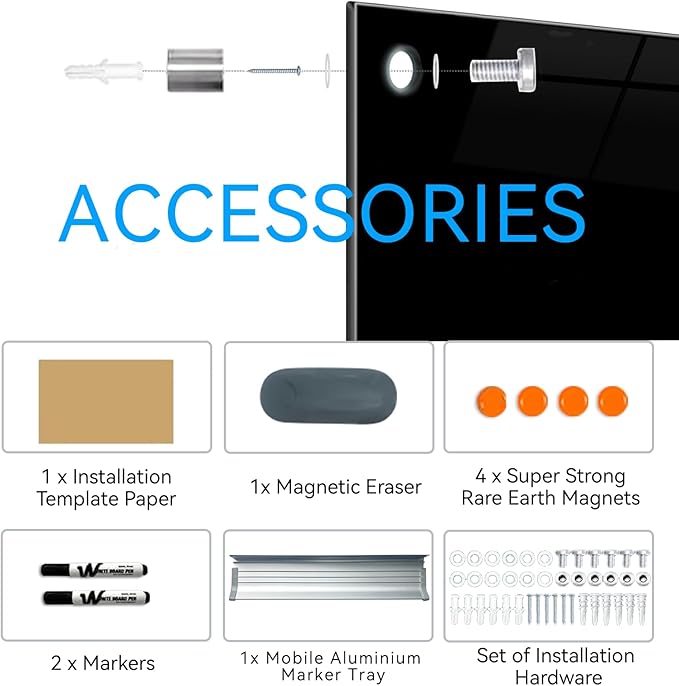 Black Glass Dry Erase Board - 72"X48" Magnetic Blackboard Large Frameless Whiteboard Clear Glass Wlack Boards with Super Strong Magnets, Wall Mounted for Office, School and Home