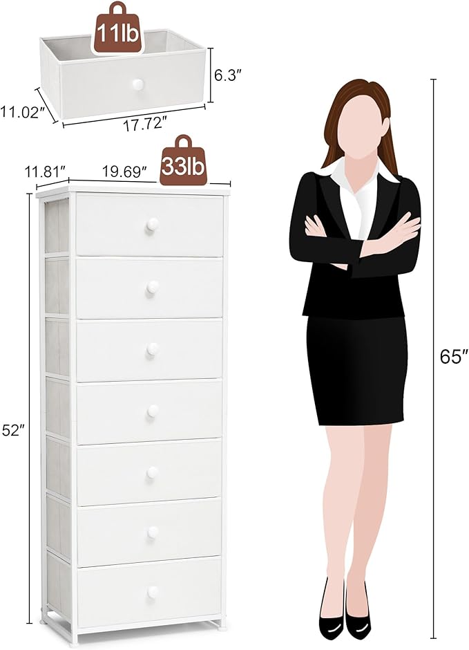 Crestlive Products Tall Dresser, 7-Drawer Fabric Storage Tower, Chests of Drawers - Vertical Organizer Unit for Bedroom, Hallway, Entryway, Nursery, Closets - Steel Frame, Wood Top & Handles (White)