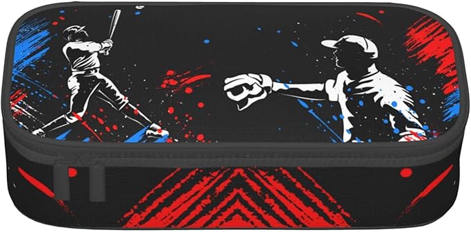 Sports Style Black Pencil Box with Playing Baseball Boys Pattern, Cool Baseball Themed Pen Case Holder Pouch Pencil Bag with Zippers Stationery Organizer Bag Purse for Sports Lovers Office Supplies