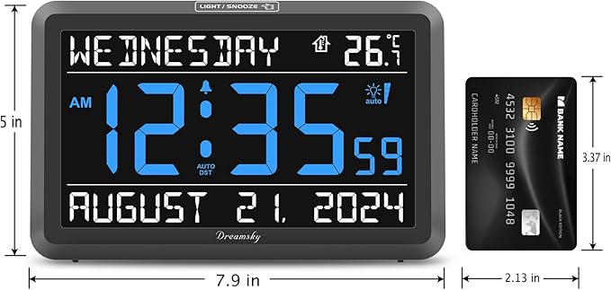 DreamSky Large Digital Clock with Date and Day of Week - Electric Desk Clock for Seniors Elderly, Bedroom Alarm Clock with Battery Backup, Dimmer, USB Port, Auto DST, Temperature, Adjustable Volume