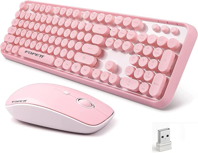 FOPETT Wireless Keyboard and Mouse Combo, 104 Keys Full-Sized 2.4 GHz Round Keycap Colorful Keyboards, USB Receiver Plug and Play, for Windows, Mac, PC, Laptop, Desktop (Pink)