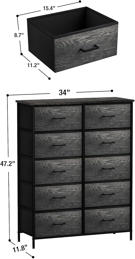 Sorbus Dresser with 10 Faux Wood Drawers - Chest Organizer Unit with Steel Frame Wood Top & Handle Easy Pull Fabric Bins for Clothes - Storage Furniture for Bedroom, Hallway, Living Room & Closet