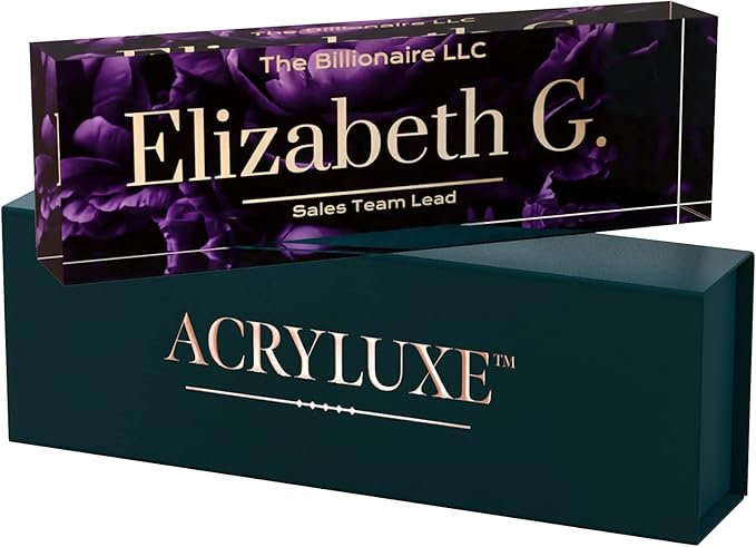 Desk Name Plate Personalized, Custom Name Plates 2½/x8 Inches, Thick Crystal-Clear Acrylic, Gift Box, Office Desk Decor. USA Made by ACRYLUXE (Blossom)