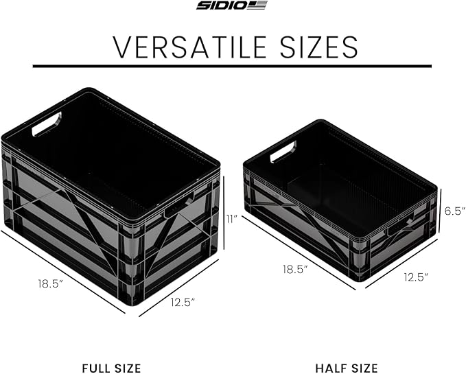 SIDIO Crate Basic Pack - 2 Full-Size & 1 Half-Size Heavy Duty Stackable Storage Bins, Totes and Containers with Dividers - Durable Plastic Organizer for Home, Office, Garage, and Outdoor Use, Black