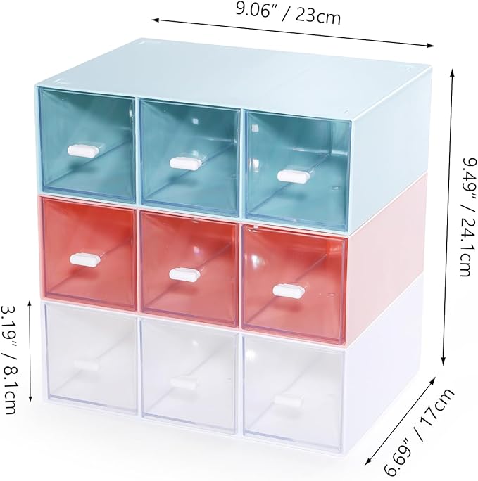 Desktop Drawers, Desk Organizer with 9 Drawers, Stackable Plastic Storage Box for Home Collection, Cosmetics, Office Supplies (3 Tall Layers, Mixed Colors)